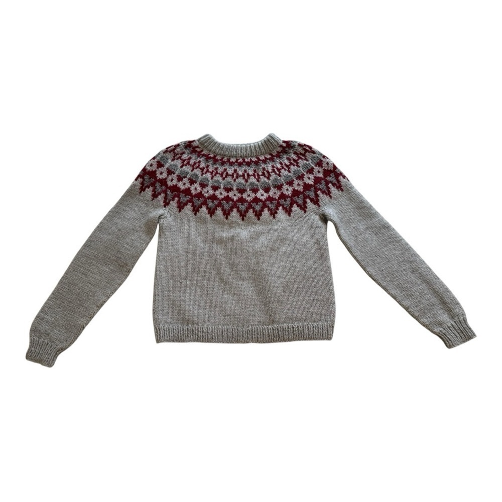 Handmade Knit Fair Isle Gray & Red Geometric Pattern Pullover Sweater - Size M